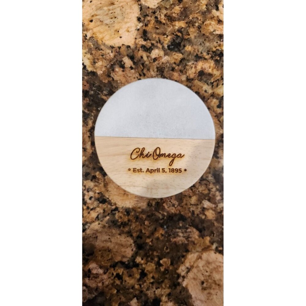Chi Omega Marble & Wooden Coaters Set Of 4 With Holder